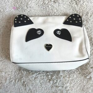 Betsey Johnson Panda Bear Cosmetic Bag White Faux Leather Floral Lining Studded
